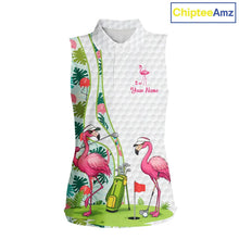 Load image into Gallery viewer, Funny Pink Flamingo Sleeveless Golf polo shirt custom tropical monstera leaf pattern golf shirts NQS11713