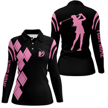 Load image into Gallery viewer, Black and pink argyle pattern Women golf polo shirts custom ladies golf shirt for women NQS7401