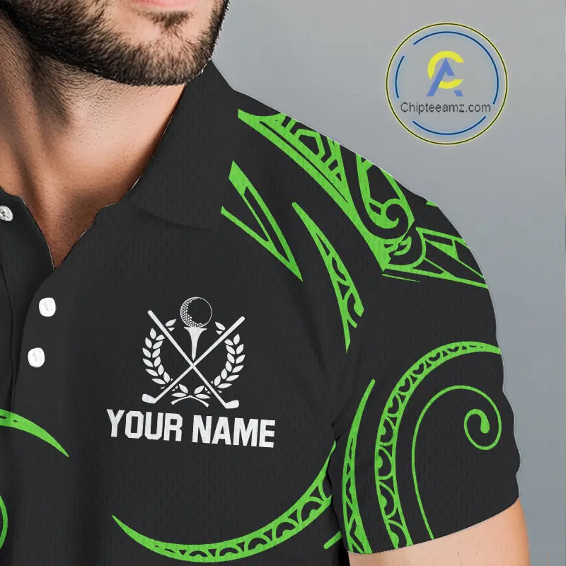 Black and Green Tribal Pattern Golf Ball Mens Golf Polo Shirts custom unique mens golf apparel NQS9820