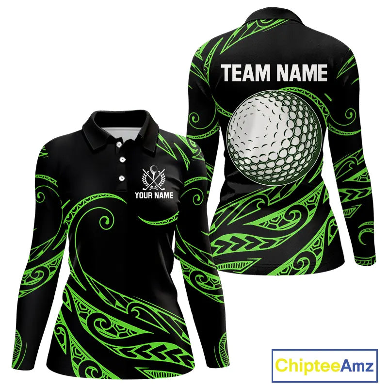 Black and Green Tribal Pattern Golf Ball Women Golf Polo Shirts custom unique ladies golf apparel NQS9820