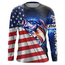 Load image into Gallery viewer, Bass Fishing 3D American Flag patriotic blue galaxy Custom UV protection long sleeve Fishing Shirts NQS5396