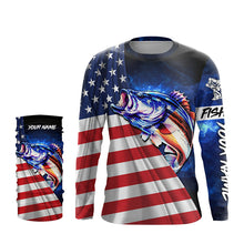 Load image into Gallery viewer, Bass Fishing 3D American Flag patriotic blue galaxy Custom UV protection long sleeve Fishing Shirts NQS5396