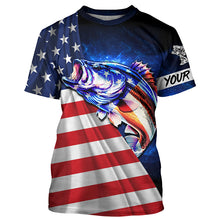 Load image into Gallery viewer, Bass Fishing 3D American Flag patriotic blue galaxy Custom UV protection long sleeve Fishing Shirts NQS5396