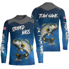 Load image into Gallery viewer, Blue camo Striped Bass fishing Custom performance long sleeve team Striper fishing tournament shirts NQS7729