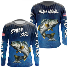 Load image into Gallery viewer, Blue camo Striped Bass fishing Custom performance long sleeve team Striper fishing tournament shirts NQS7729