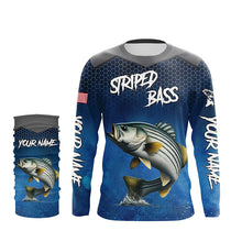 Load image into Gallery viewer, Blue camo Striped Bass fishing Custom performance long sleeve team Striper fishing tournament shirts NQS7729