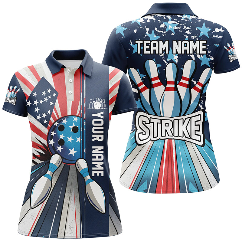 Personalized American Flag Retro bowling Women Polo, Quarter Zip shirts, Patriotic Bowling Team Jersey NQS7730