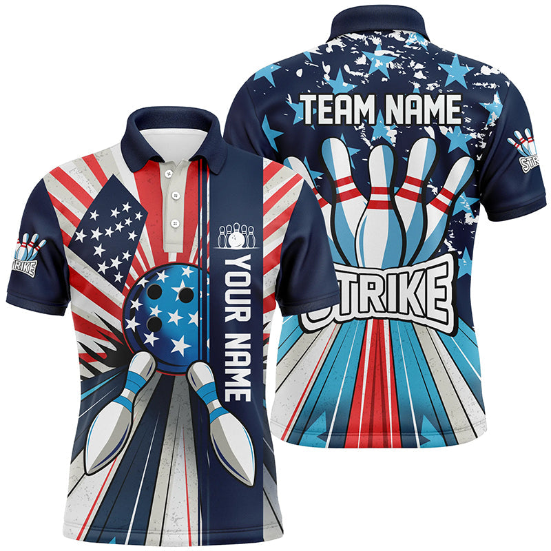 Personalized American Flag Retro bowling Men Polo, Quarter Zip shirts, Patriotic Bowling Team Jersey NQS7730