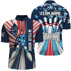 Personalized American Flag Retro bowling Men Polo, Quarter Zip shirts, Patriotic Bowling Team Jersey NQS7730