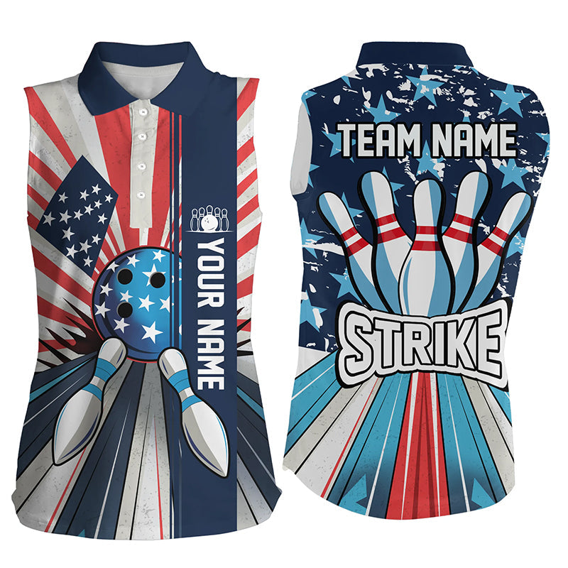 Personalized American Flag Retro bowling Women Sleeveless Polo shirts, Patriotic Bowling Team Jersey NQS7730