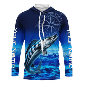 Personalized Wahoo Blue Long Sleeve Performance Fishing Shirts, compass tournament UV protection Shirt NQS5850