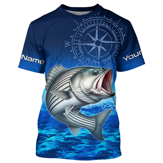 Personalized Striped bass Blue Long Sleeve Performance Fishing Shirt, compass striper tournament Shirt NQS5852