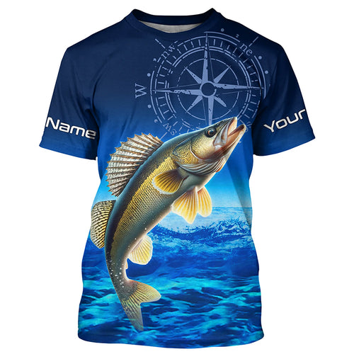 Personalized Walleye Blue Long Sleeve Performance Fishing Shirt, compass Walleye tournament Shirt NQS5853