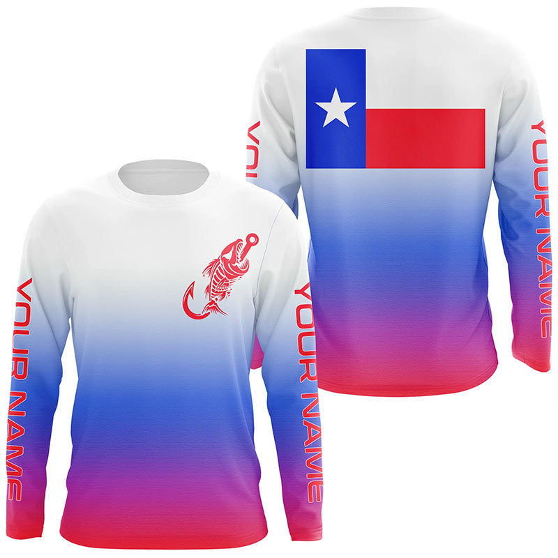 Red, white and blue Texas flag fish hook skull fishing Custom long sleeve performance Fishing jerseys NQS6060