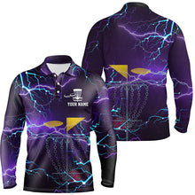 Load image into Gallery viewer, Mens disc golf polo shirts custom purple lightning disc golf basket disco golf outfit NQS6064