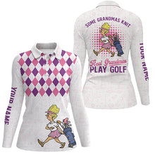 Load image into Gallery viewer, Women&#39;s golf polo shirts custom name pink argyle pattern some grandmas knit real grandmas play golf NQS6068