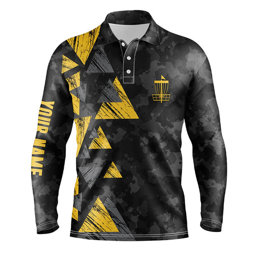 Yellow triangle and black camo Mens disc golf polo shirt custom disc golf outfit for men NQS6290