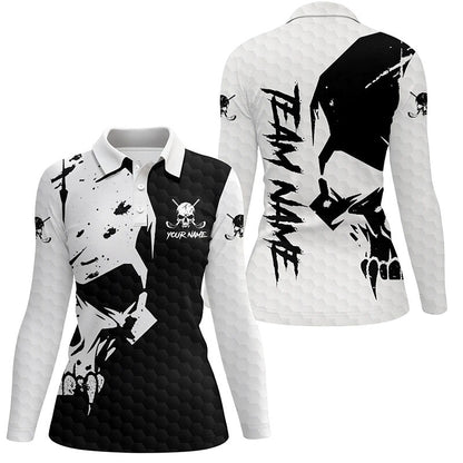 Black and White Golf Skull Women golf polo shirts custom golf outfit for women, unique golf gifts NQS8406