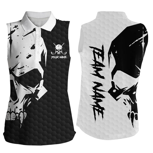 Black and White Golf Skull Women Sleeveless polo shirt custom golf outfit for women, unique golf gifts NQS8406