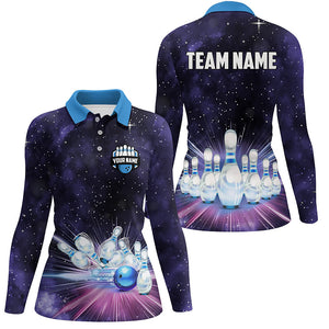 Purple Galaxy Bowling Polo, Quarter Zip Shirt For Women Custom Team Bowling Jerseys, Gift For Bowler NQS8615