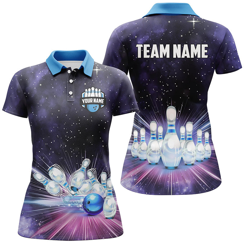 Purple Galaxy Bowling Polo, Quarter Zip Shirt For Women Custom Team Bowling Jerseys, Gift For Bowler NQS8615