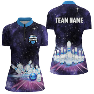 Purple Galaxy Bowling Polo, Quarter Zip Shirt For Women Custom Team Bowling Jerseys, Gift For Bowler NQS8615