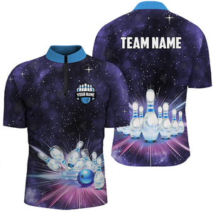 Purple Galaxy Bowling Polo, Quarter Zip Shirt For Men Custom Team Bowling Jerseys, Gift For Bowler NQS8615