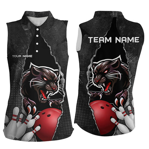 Black grunge pattern Custom Womens Sleeveless Polo Shirts Panther Bowling Team Jerseys Outfits NQS8842