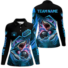 Load image into Gallery viewer, Personalized Black and Blue Angry Shark Bowling shirt for Women Custom Team&#39;s Name Bowler Jersey NQS8845