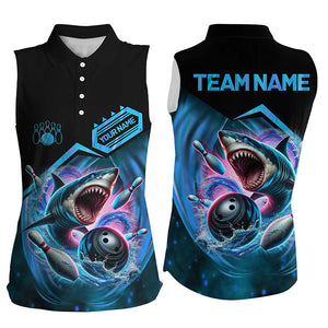 Personalized Black and Blue Angry Shark Women Sleeveless Polo shirt Custom Team's Name Bowler Jersey NQS8845