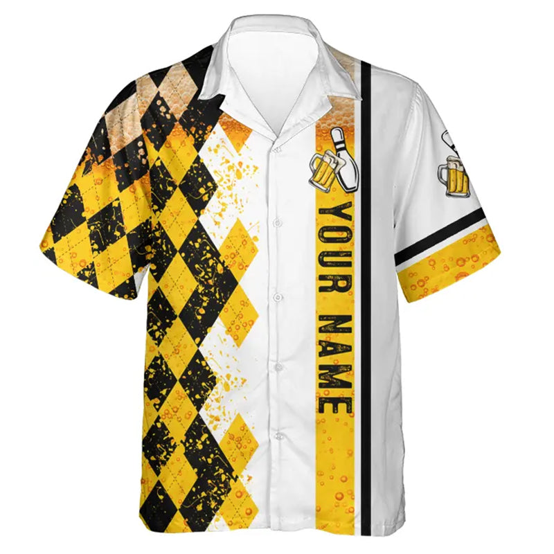 Funny black and yellow argyle pattern Bowling beer hawaiian shirts custom Team button up shirts NQS6950