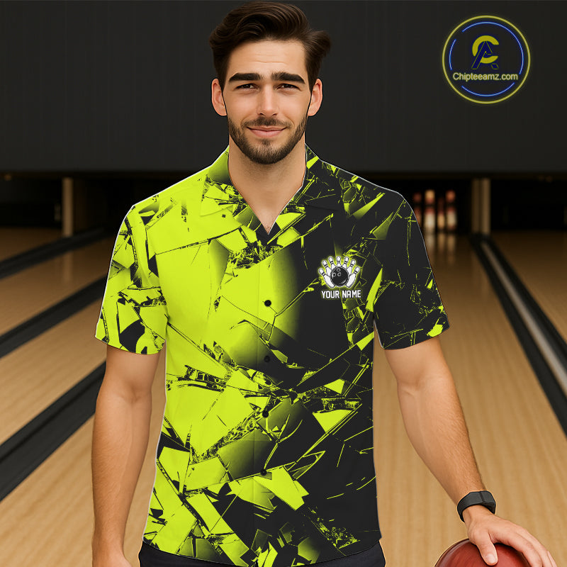 Custom Broken Glass Black and Green Neon Bowling Hawaiian Shirt, Bowling Team League Jerseys NQS11174