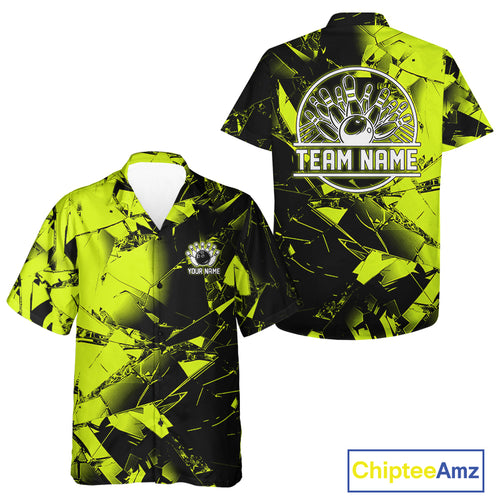 Custom Broken Glass Black and Green Neon Bowling Hawaiian Shirt, Bowling Team League Jerseys NQS11174