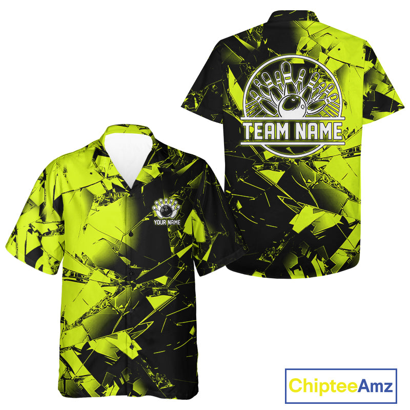 Custom Broken Glass Black and Green Neon Bowling Hawaiian Shirt, Bowling Team League Jerseys NQS11174