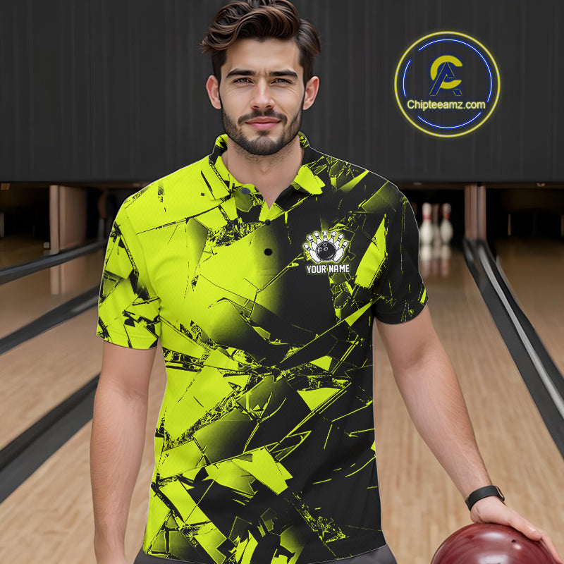Custom Broken Glass Black and Green Neon Bowling Shirts For Men, Bowling Team League Jerseys NQS11174
