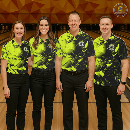 Custom Broken Glass Black and Green Neon Bowling Shirts For Women, Bowling Team League Jerseys NQS11174