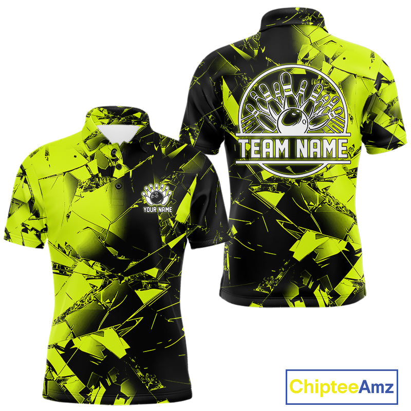 Custom Broken Glass Black and Green Neon Bowling Shirts For Men, Bowling Team League Jerseys NQS11174