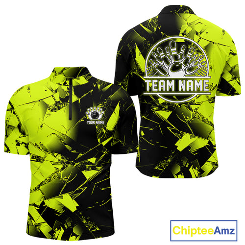 Custom Broken Glass Black and Green Neon Bowling Shirts For Men, Bowling Team League Jerseys NQS11174