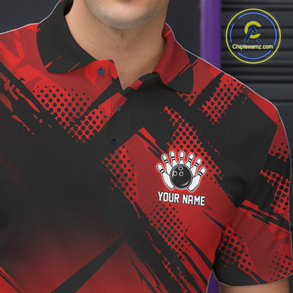 Black and Red Camo Bowling Polo, 1/4 zip Shirts For Men Custom Bowling Team League Jerseys NQS11175