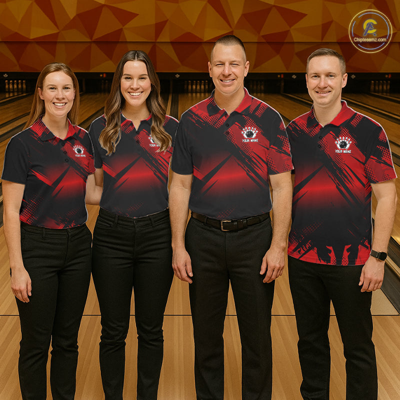 Black and Red Camo Bowling Polo, 1/4 zip Shirts For Women Custom Bowling Team League Jerseys NQS11175