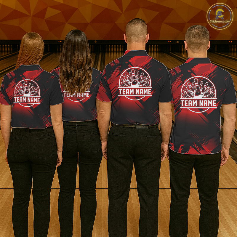 Black and Red Camo Bowling Polo, 1/4 zip Shirts For Women Custom Bowling Team League Jerseys NQS11175