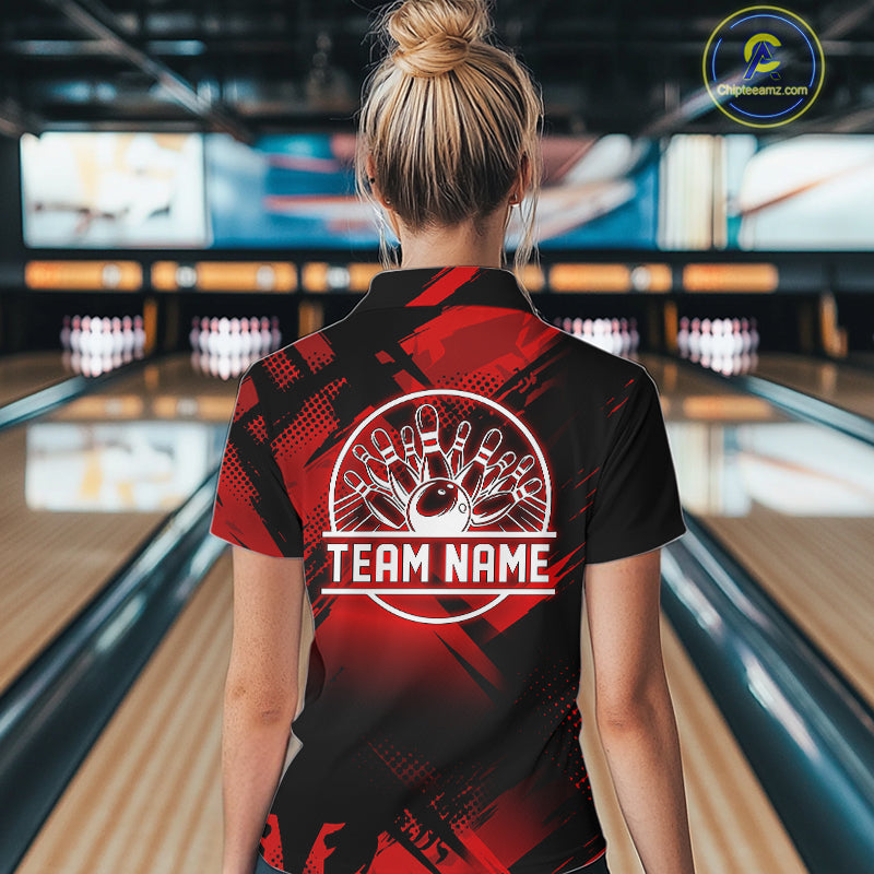 Black and Red Camo Bowling Polo, 1/4 zip Shirts For Women Custom Bowling Team League Jerseys NQS11175