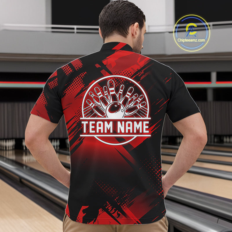 Black and Red Camo Bowling Polo, 1/4 zip Shirts For Men Custom Bowling Team League Jerseys NQS11175