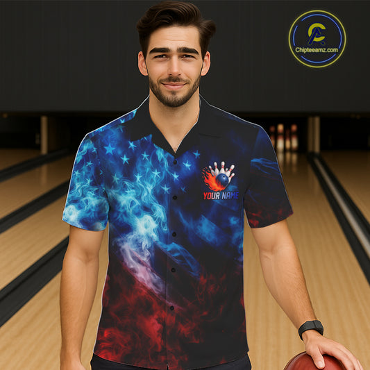 Smoke American Flag Eagle Bowling Button up Shirt Custom patriotic Hawaiian Bowling Team Jersey NQS11179