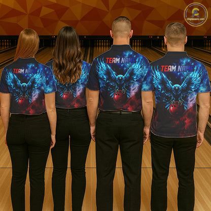 Smoke American Flag Eagle Bowling Shirts For Men Custom patriotic Bowling Team Polo, 1/4 zip Jerseys NQS11179