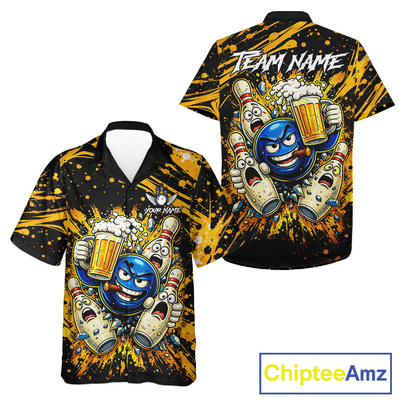 Black and Yellow Funny Bowling and Beer Custom Bowling Hawaiian Shirts, Bowling Team League jerseys NQS11587