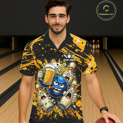 Black and Yellow Funny Bowling and Beer Custom Bowling Hawaiian Shirts, Bowling Team League jerseys NQS11587