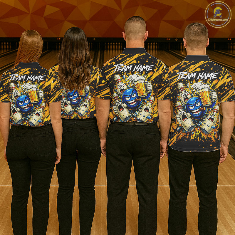 Black and Yellow Funny Bowling and Beer Custom Bowling Shirts For Men, Bowling Team League jerseys NQS11587
