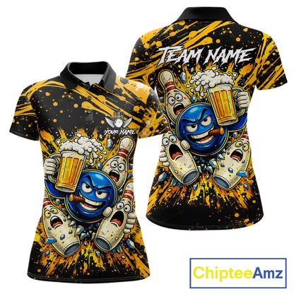 Black and Yellow Funny Bowling and Beer Custom Bowling Shirts For Women, Bowling Team League jerseys NQS11587