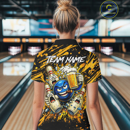 Black and Yellow Funny Bowling and Beer Custom Bowling Shirts For Women, Bowling Team League jerseys NQS11587